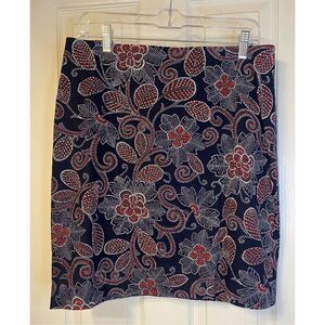 Talbots Twill Skirt Navy/Red Pattern Zip Sz. 8 Dress Up/Dress Down Packable